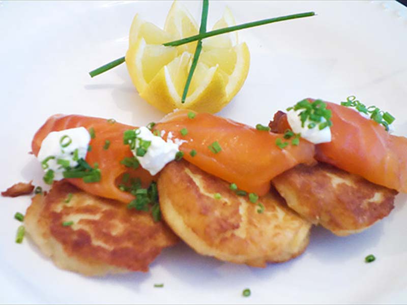 Potato galettes with smoked salmon and dill creme fraiche 